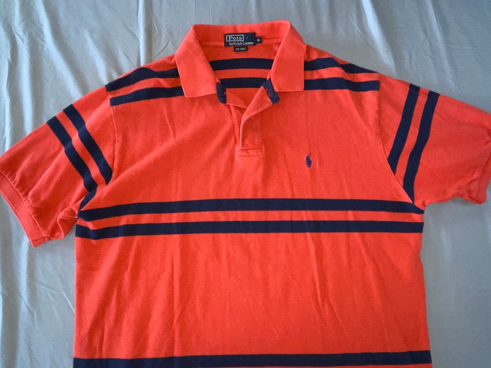 Ralph Lauren Vintage Pique Cotton Polo Shirt. Navy Striped Red, Men's XL. GUC!